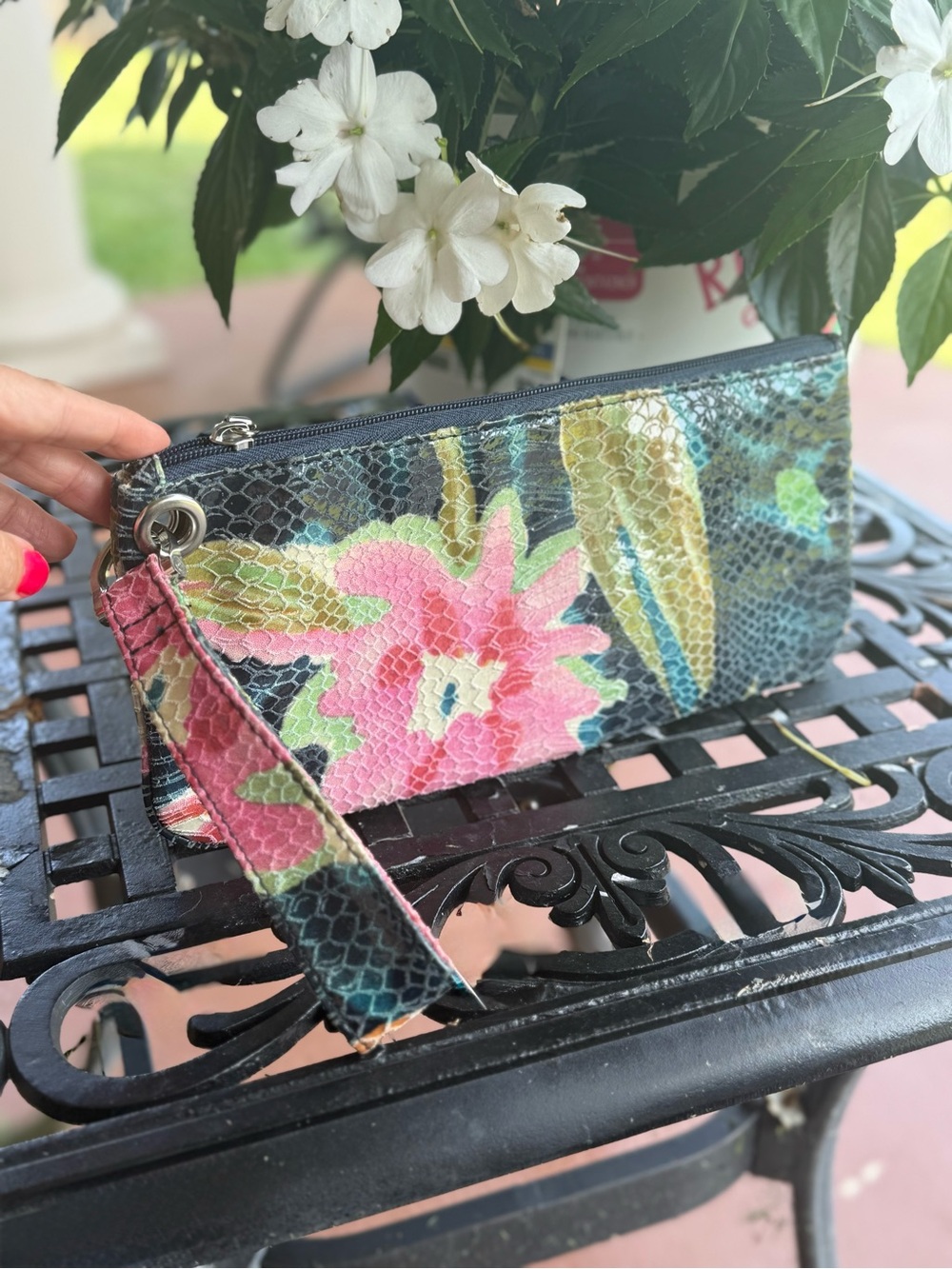 HOBO Floral Embossed Leather Wristlet Clutch Wallet Zip Pouch Pink Blue